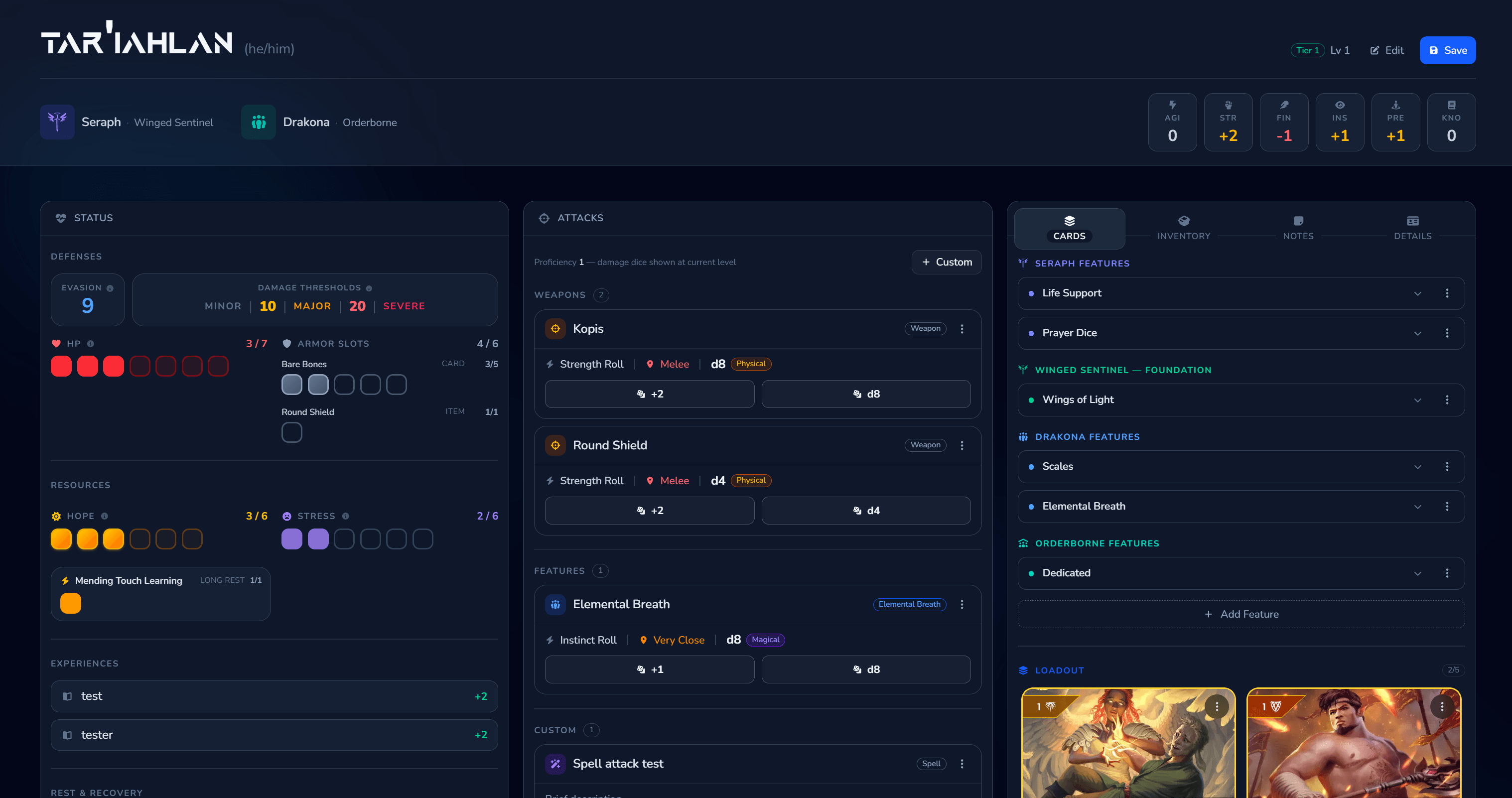 DaggerSmart character sheet showing live HP, stress, hope, attacks, and inventory tracking